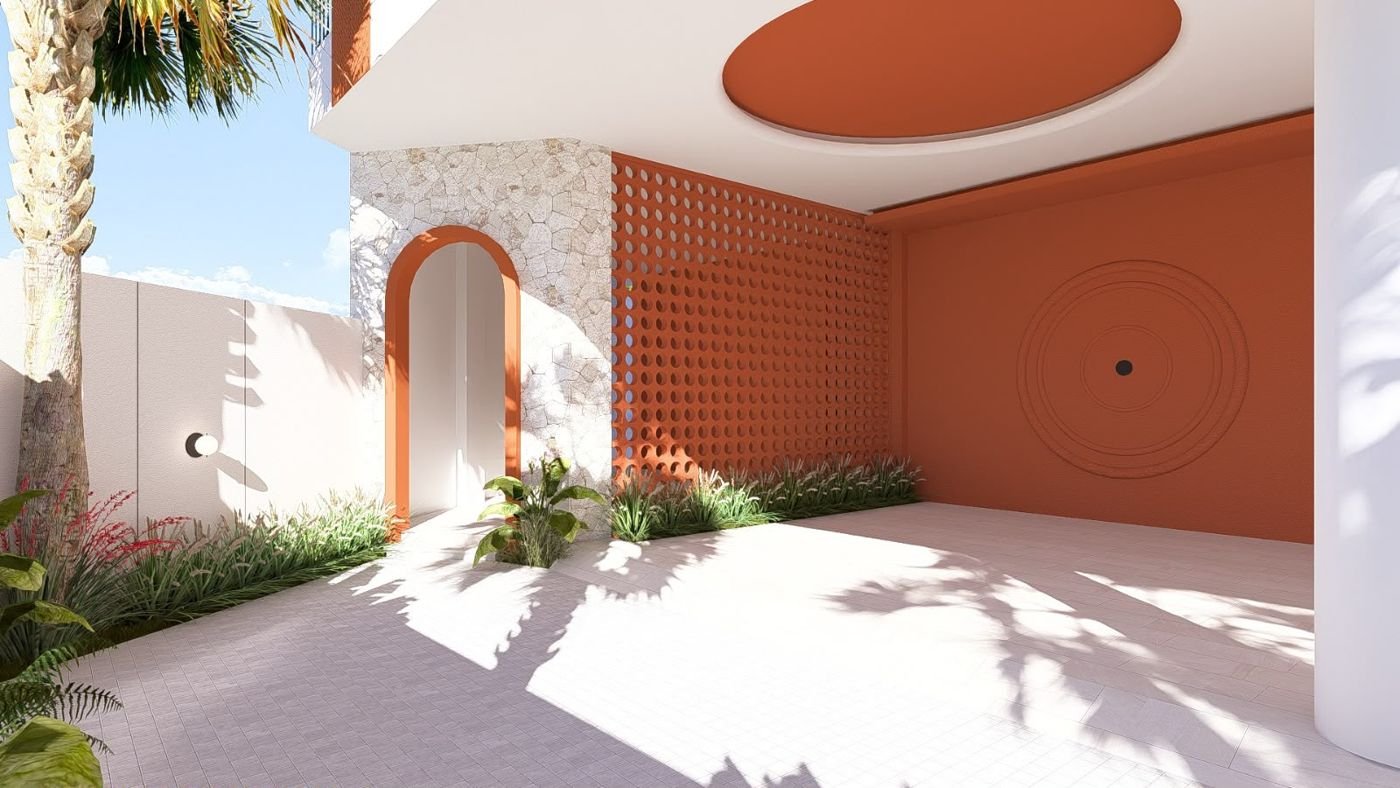 Pintu masuk lengkung dengan dinding roster terracotta